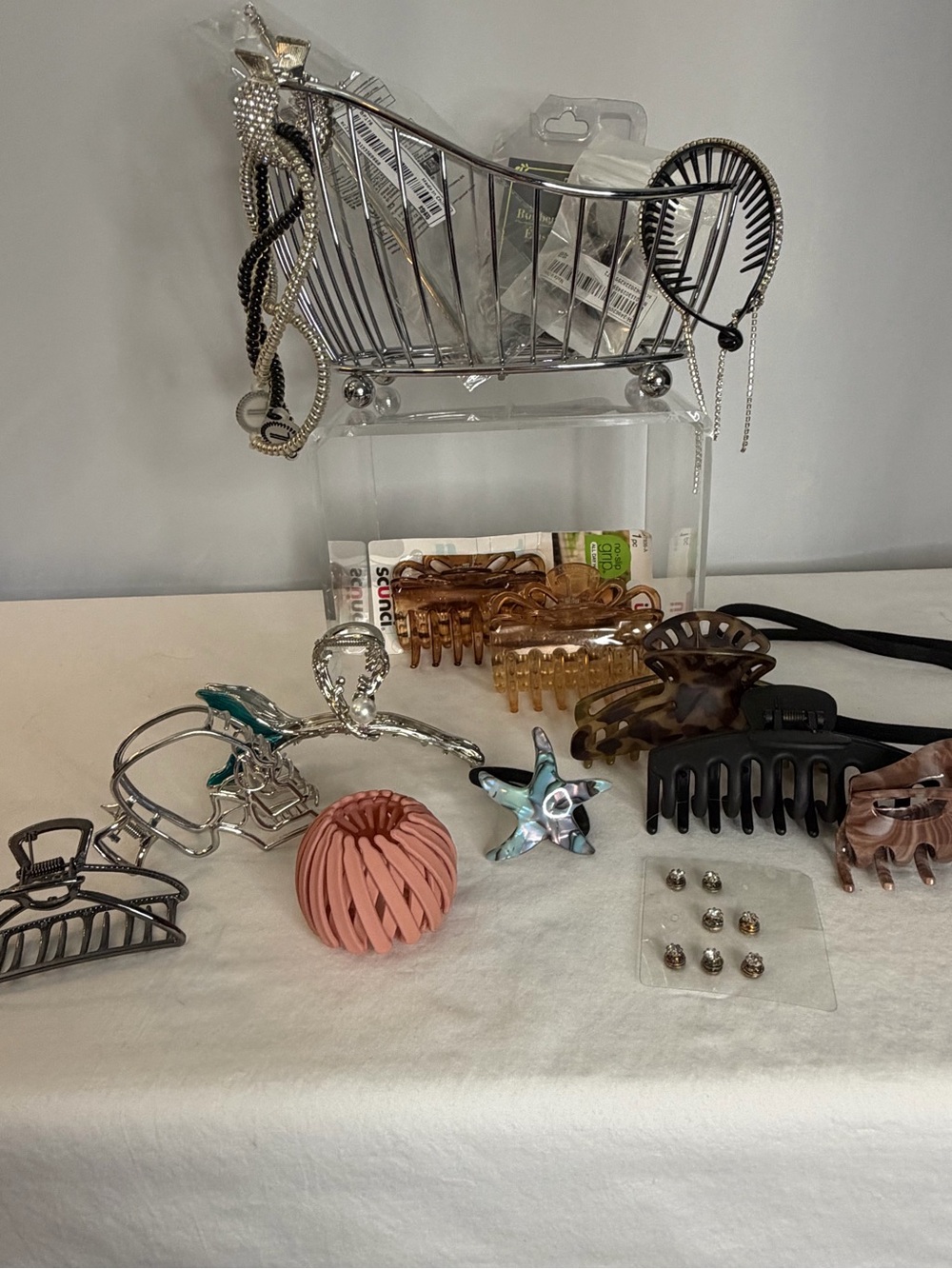 Assorted Women's Hair Clips and Metal Basket